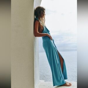Zara Draped long skirt with knot, side slit turquoise
